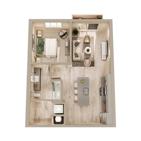 A top-down view of a small apartment with a kitchen, living room, and bathroom.