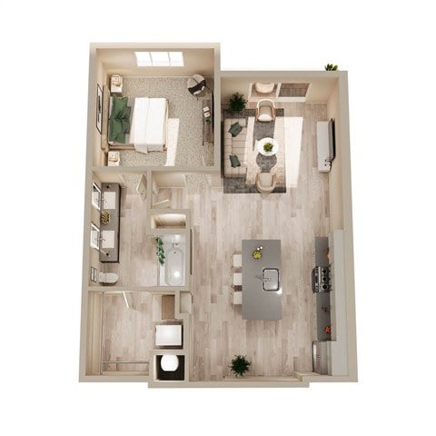 A top-down view of a small, modern apartment with a kitchen, living room, and bathroom.
