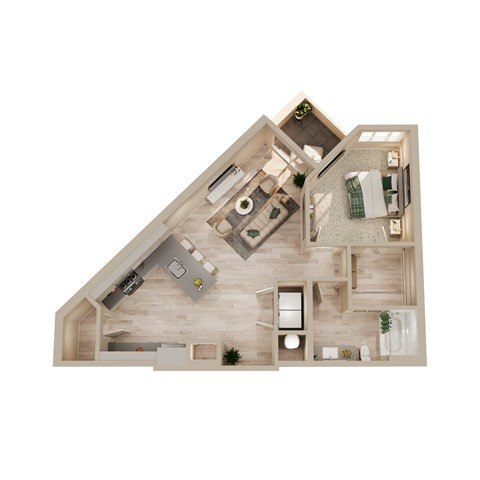 A top-down view of a house interior with a kitchen, living room, and bedrooms.
