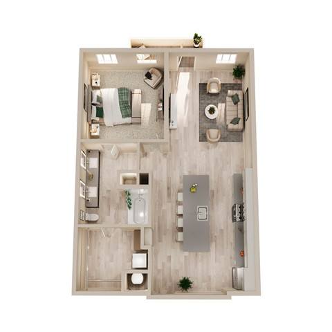 A top-down view of a small, neatly organized apartment with a kitchen, living room, and bathroom.