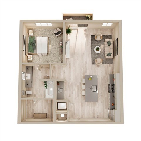 A top-down view of a small, neatly organized apartment with a kitchen, living room, and bathroom.