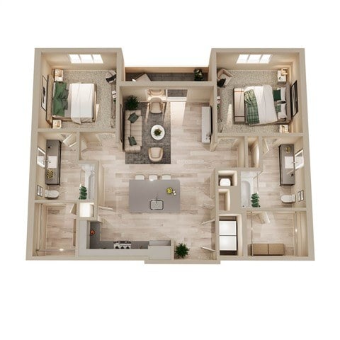 A top-down view of a modern apartment layout with a kitchen, living room, and two bedrooms.