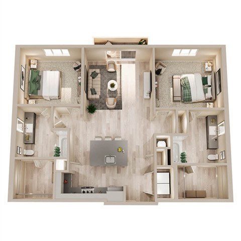 A top-down view of a modern apartment layout with a kitchen, living room, and bathroom.