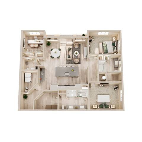 A top-down view of a house layout with a kitchen, living room, and bathrooms.