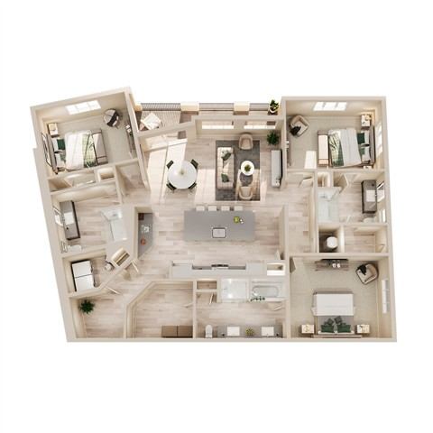 A top-down view of a house interior with a kitchen, living room, and bedrooms.