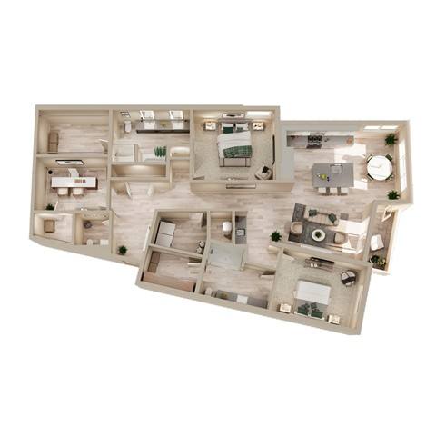 A detailed 3D floor plan of a house layout.