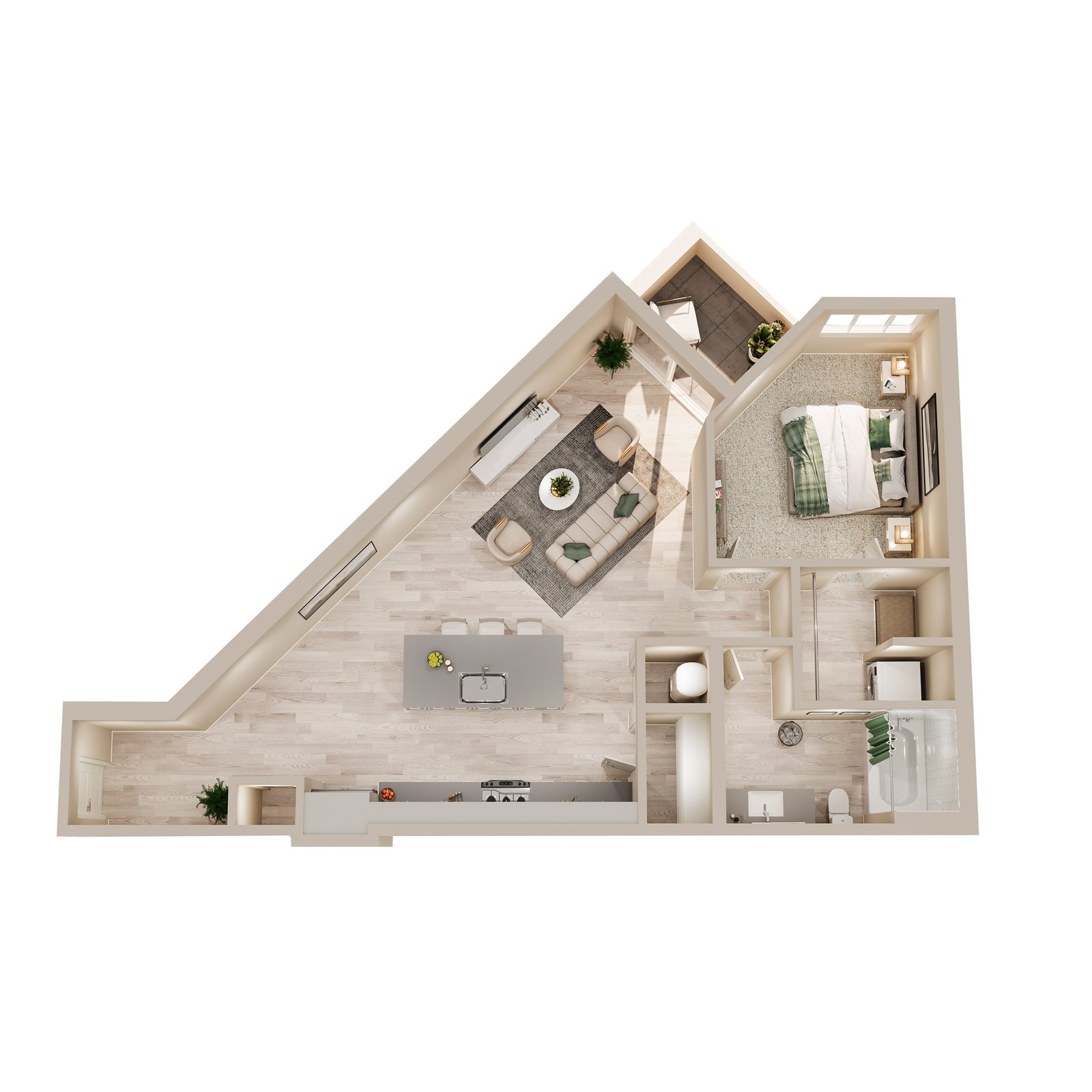 A top-down view of a house with a kitchen, living room, and bathroom.