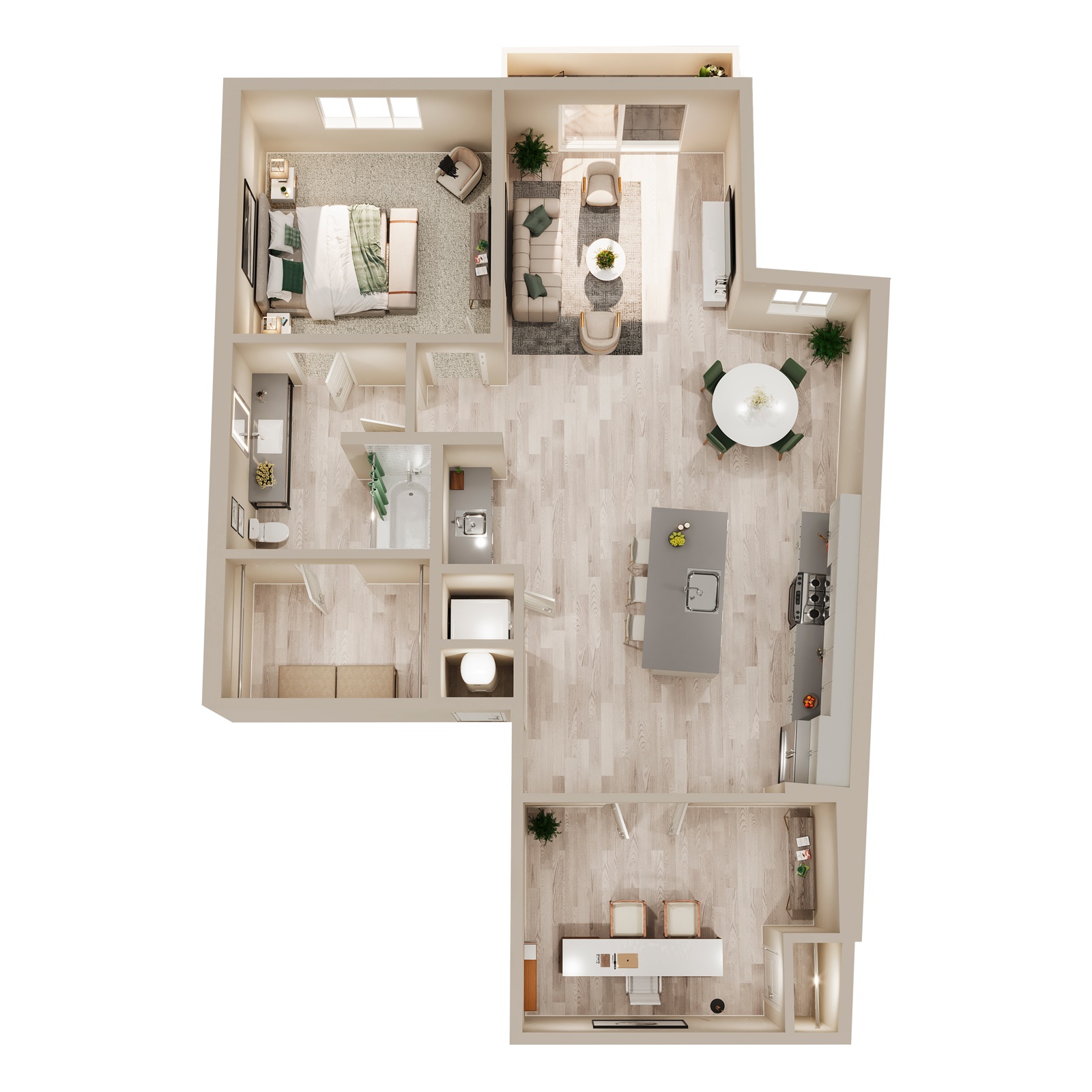 A top-down view of a small apartment with a kitchen, living room, and bathroom.