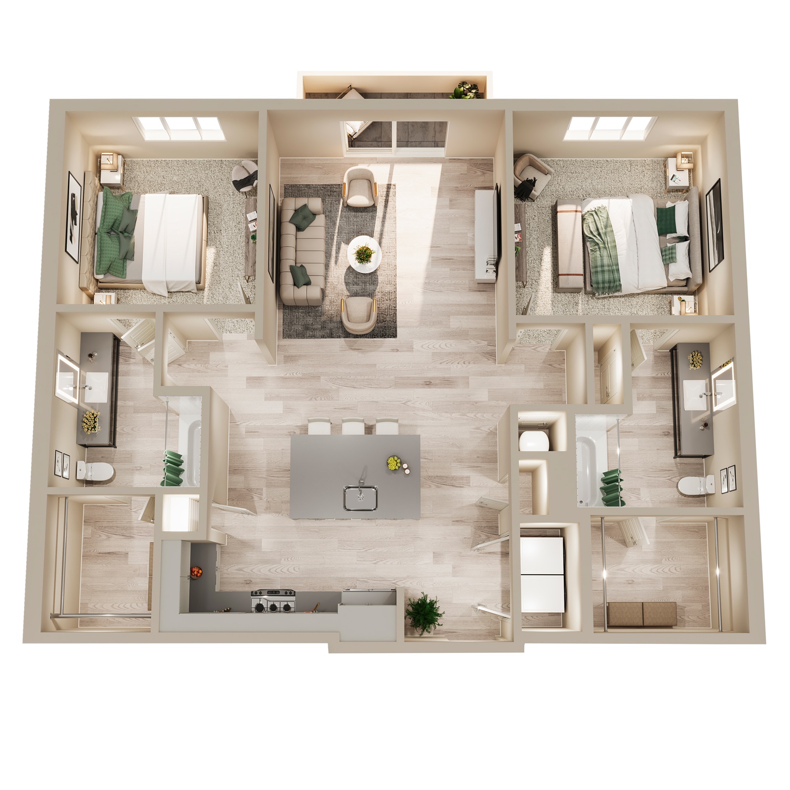 A top-down view of a well-furnished apartment.