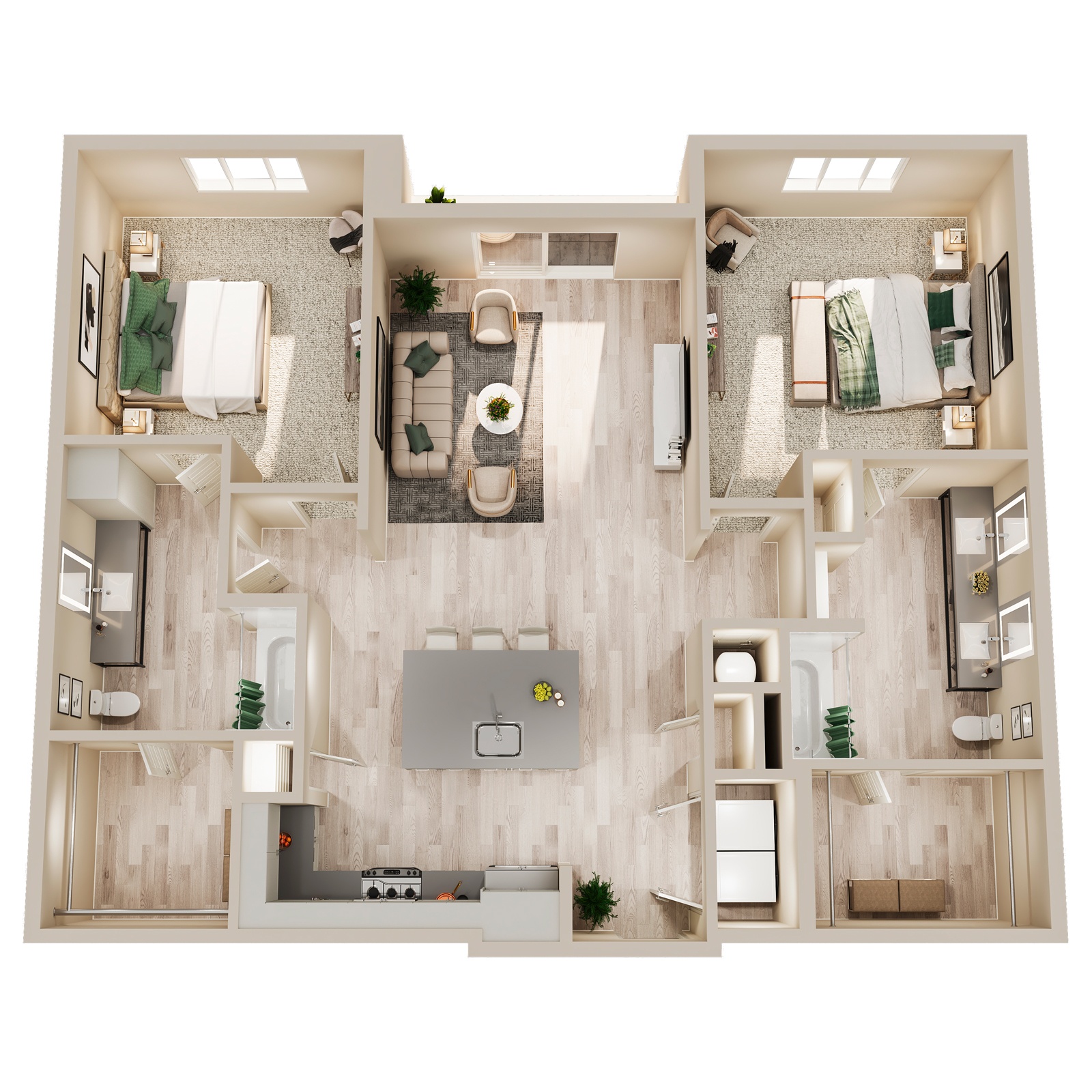 A top-down view of a modern apartment layout with a kitchen, living room, and bedrooms.
