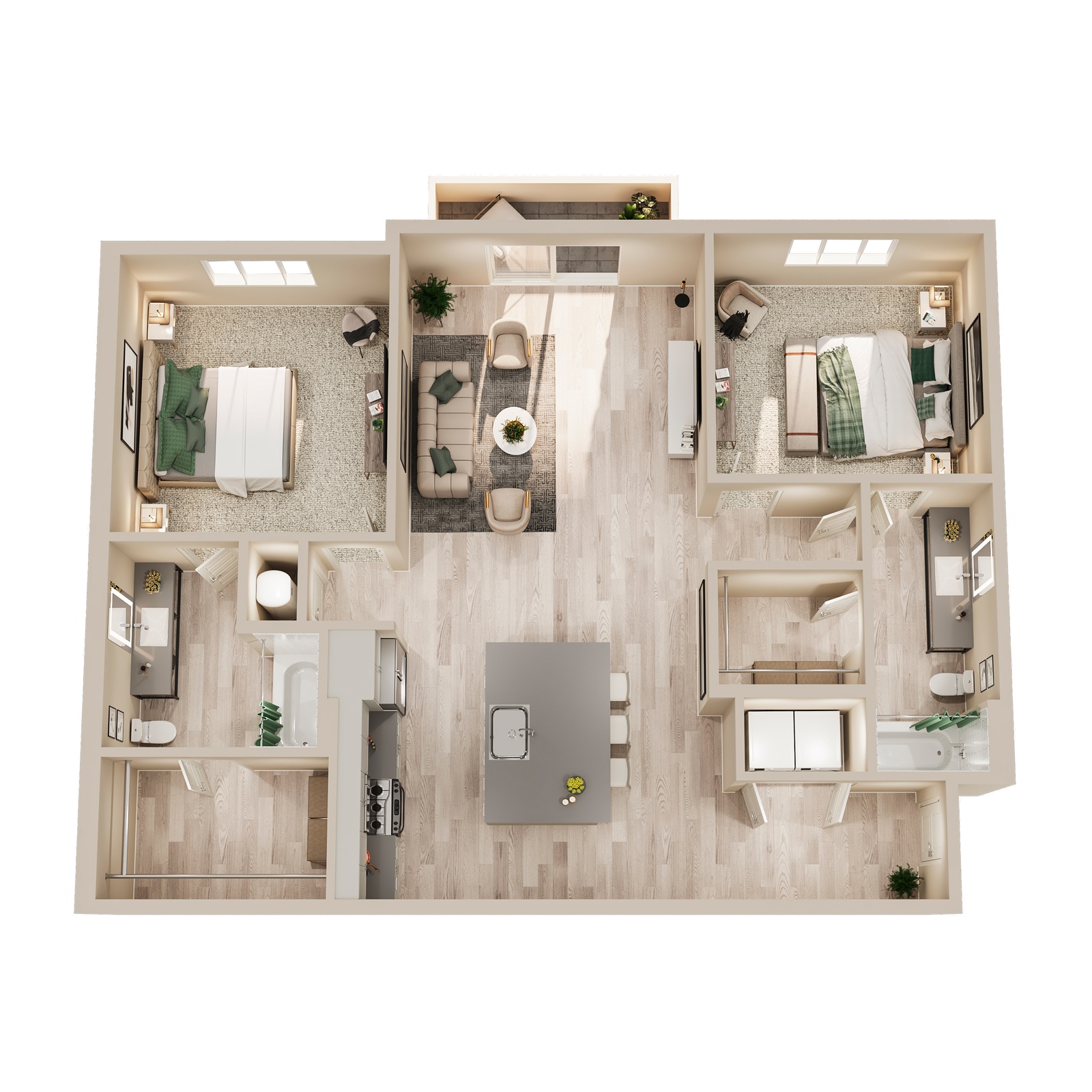 A top-down view of a small apartment with a kitchen, living room, and bathroom.