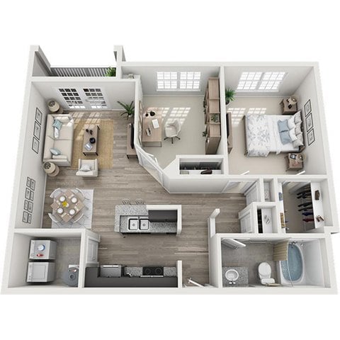 A 3D floor plan of a house with two bedrooms, a living room, a kitchen, and a bathroom.