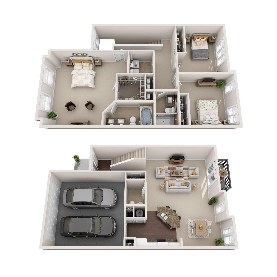 A top and bottom floor plan of a house with a car parked in the garage.