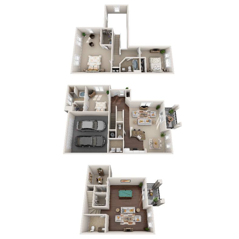 Three different floor plans of a house are shown.