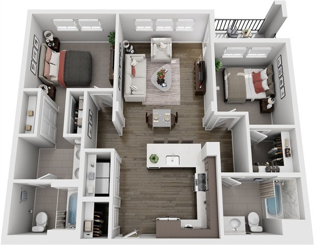 A 3D floor plan of a small apartment with a kitchen, living room, and bathroom.,A top-down view of a well-organized, modern bathroom with a shower, toilet, sink, and storage.