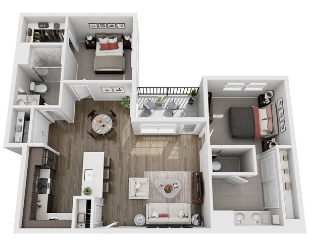 A top-down view of a small apartment with a kitchen, living room, and bathroom.,A top-down view of a modern apartment layout with a living room, kitchen, and bedroom.