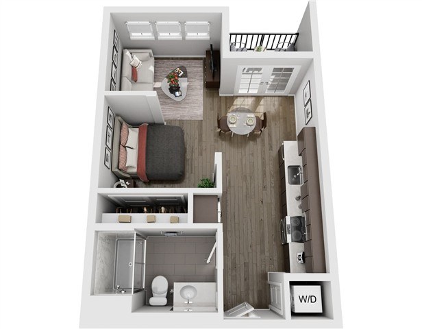 A floor plan of a small apartment with a kitchen, living room, and bathroom.,A modern kitchen with a wooden countertop and white appliances.