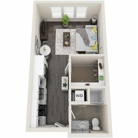 A top-down view of a small apartment with a kitchen, living room, and bathroom.