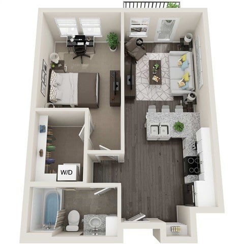 A floor plan of a small apartment with a kitchen, living room, and bathroom.