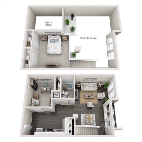 A floor plan of a two-bedroom apartment with a living room and kitchen.