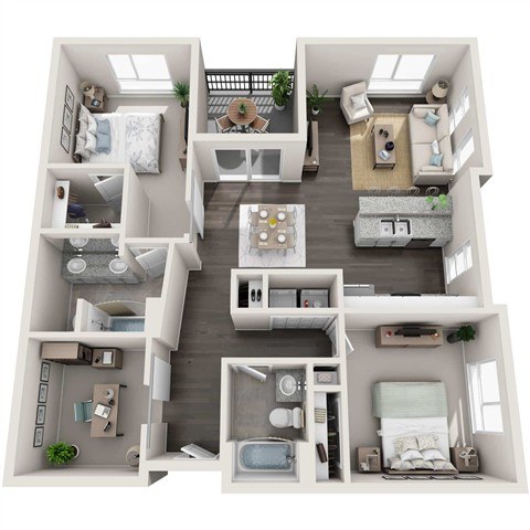 A top-down view of a small apartment layout with multiple rooms and furniture.