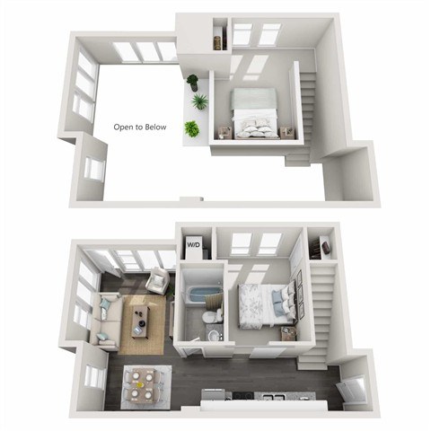 A diagram of a two-story house with a living room, kitchen, and bedrooms.