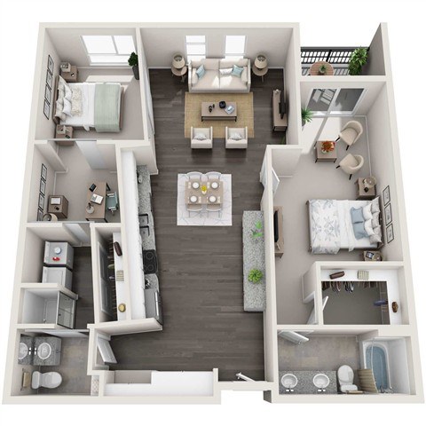 A top-down view of a small apartment with a living room, kitchen, and bedrooms.