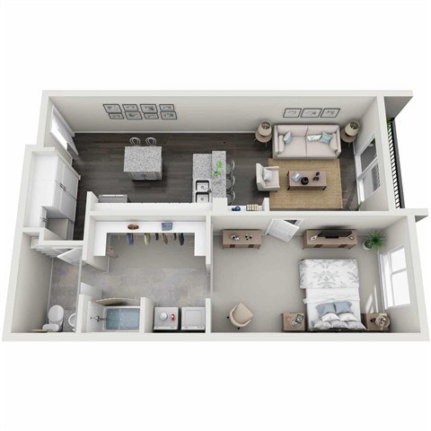 A top-down view of a small, neatly organized apartment with a bed, a couch, a kitchen, and a bathroom.