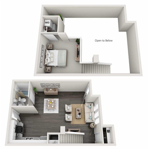 A floor plan of a small apartment with a kitchen, living room, and bathroom.