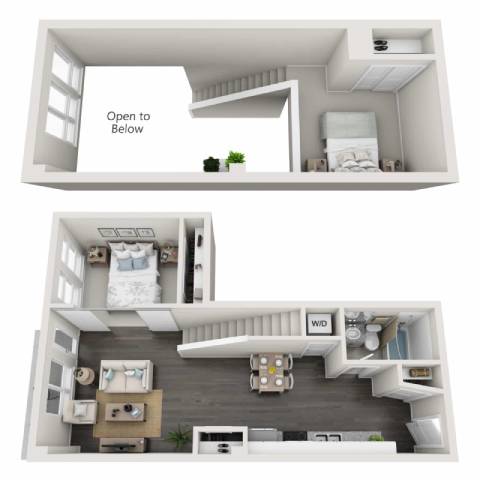 A diagram of a two-story apartment with a kitchen, living room, and bedrooms.