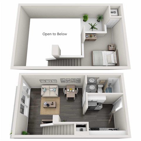A diagram of a small apartment with the text "Open to Below" on the wall.