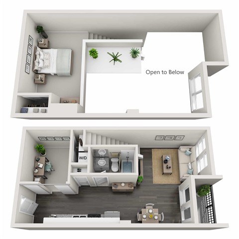 A 3D rendered image of a two-story house with a kitchen, living room, and bathroom.