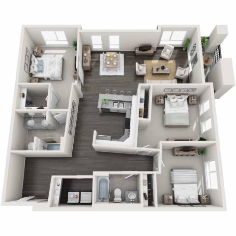 A 3D floor plan of a small apartment with a kitchen, living room, and two bedrooms.