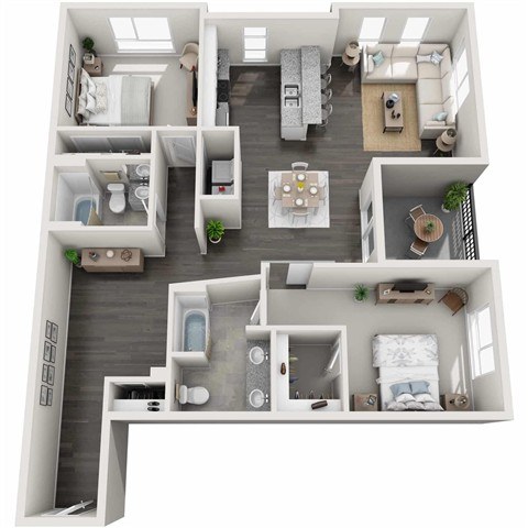 A 3D floor plan of a house with a kitchen, living room, dining room, and bedrooms.
