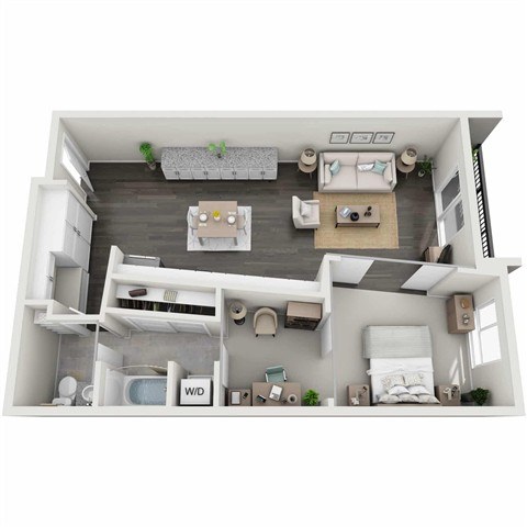 A small apartment with a kitchen, living room, and bedroom.