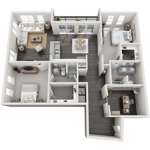 A 3D floor plan of a house with multiple rooms and furniture.