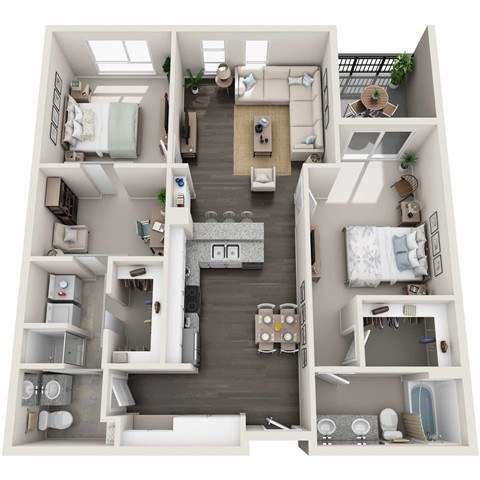 A top-down view of a small apartment with a kitchen, living room, and bedrooms.