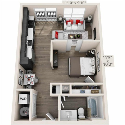 A floor plan of an apartment with a living room, kitchen, and bathroom.
