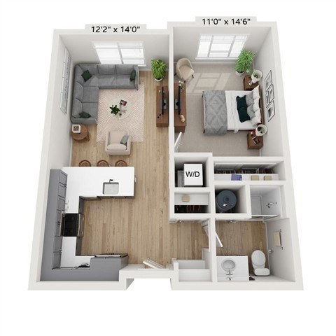 A floor plan of a small apartment with a living room, kitchen, and bathroom.