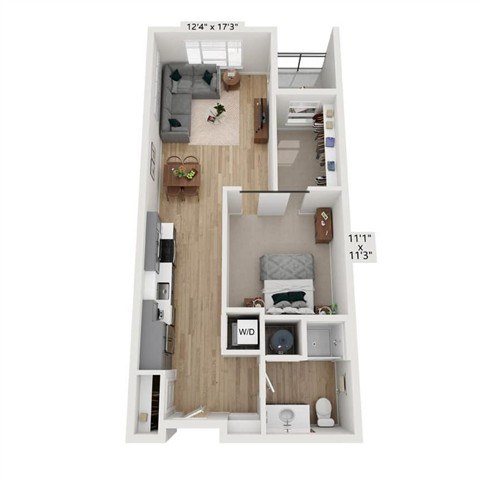 A floor plan of a small apartment with a living room, kitchen, and bathroom.