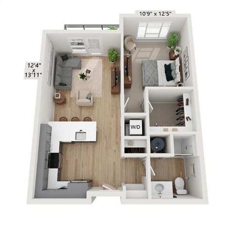 A floor plan of a small apartment with a living room, kitchen, and bathroom.