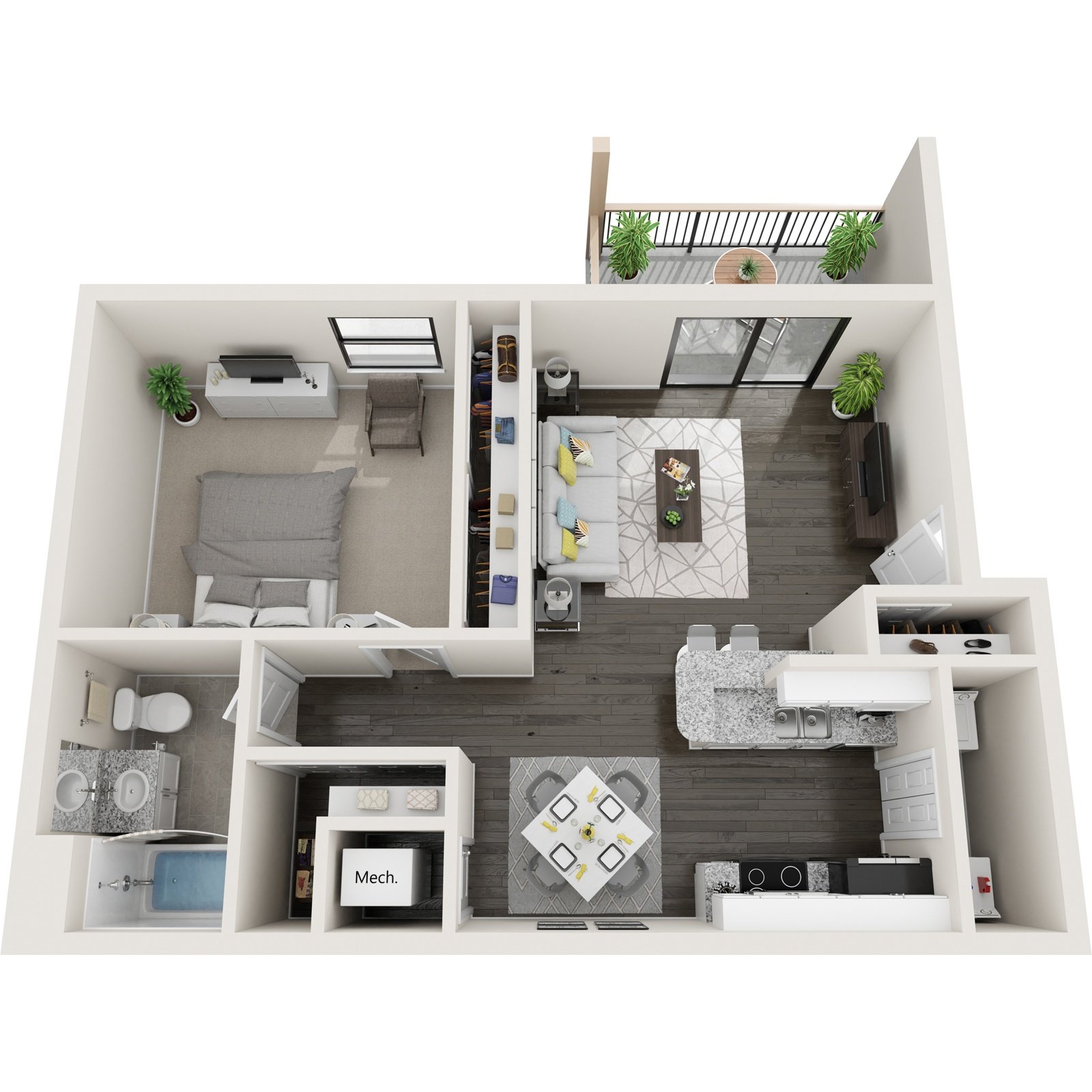 A top-down view of a modern apartment layout with a kitchen, living room, and bedroom.