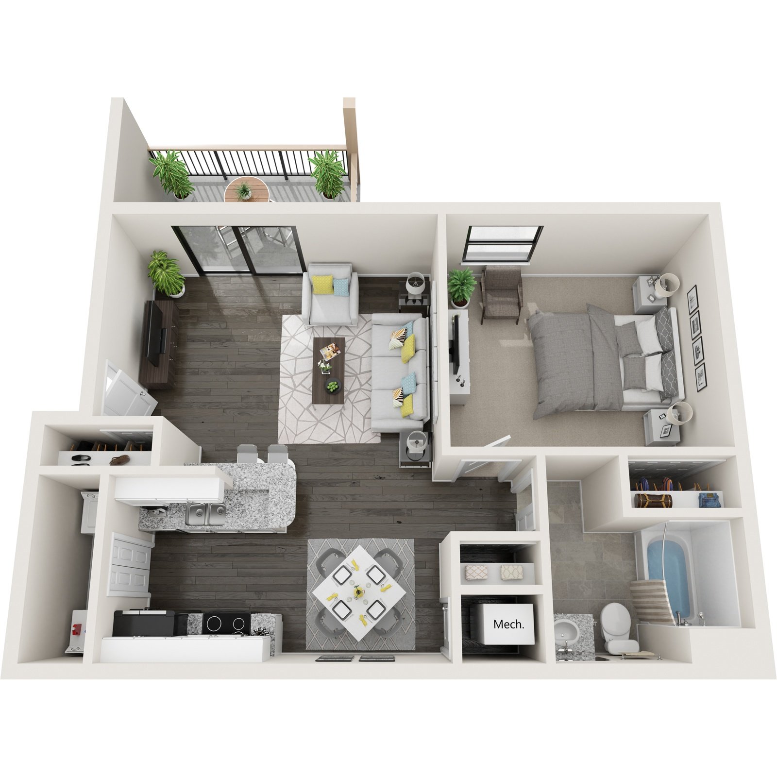 A top-down view of a modern apartment layout with a kitchen, living room, and bedroom.
