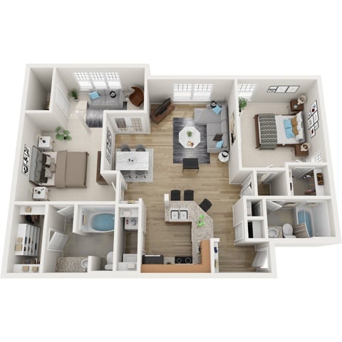 A detailed 3D floor plan of a two-bedroom apartment.