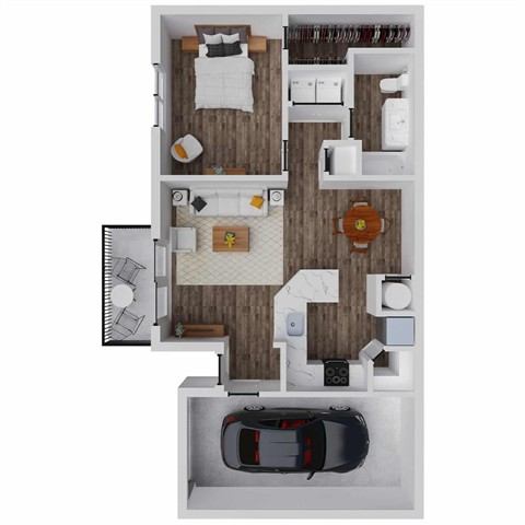 A top-down view of a small apartment with a bedroom, living room, kitchen, and a car.