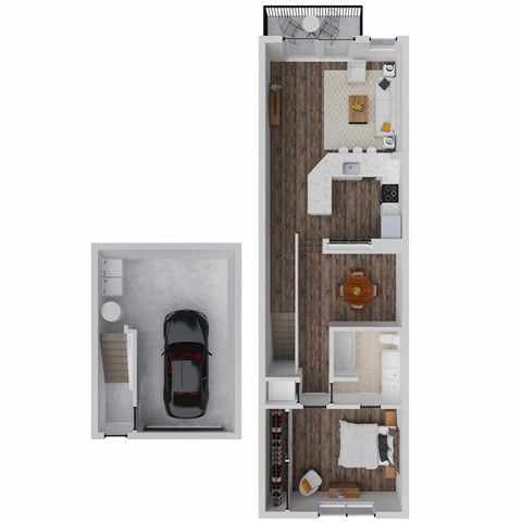 A car is parked in a garage attached to a house.