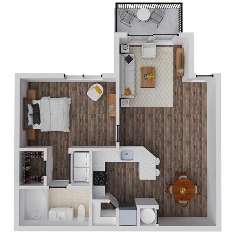 A top-down view of a small apartment with a kitchen, living room, and bathroom.