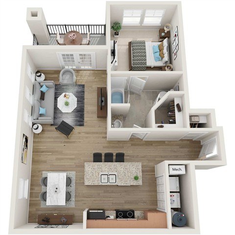 A 3D floor plan of a small apartment with a kitchen, living room, and bedroom.