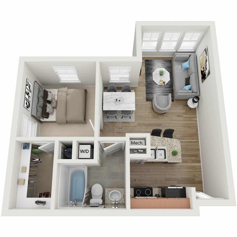 A floor plan of a small apartment with a kitchen, living room, and bathroom.