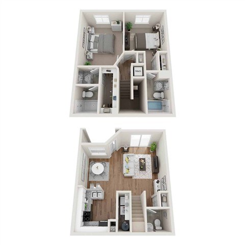 A floor plan of a two-bedroom apartment with a living room and kitchen.